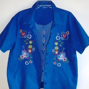 Cute Double Layer Blouse with Embroidered Front Sz L